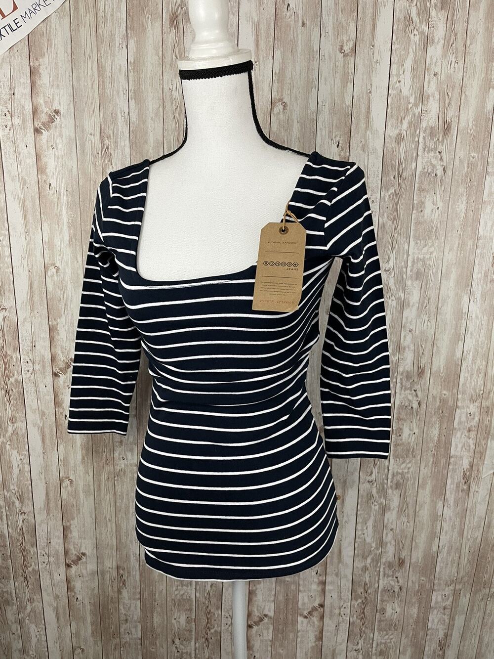 Bonobo Shirt Womens Small Blouse Blue Striped 3/4 Sleeve Pullover N136